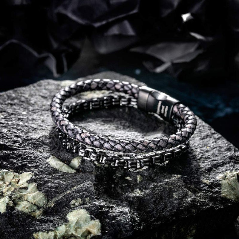 murtoo Mens Bracelet Leather and Steel, Stainless Steel Chain and Leather Bracelets for Men (Black-grey, 9.25") - Image 4
